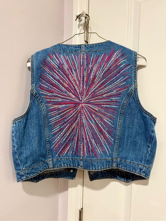 Universal Thread Jackets & Blazers - Universal Thread Blue Denim Vest with Pink & White Starburst Embroidery
